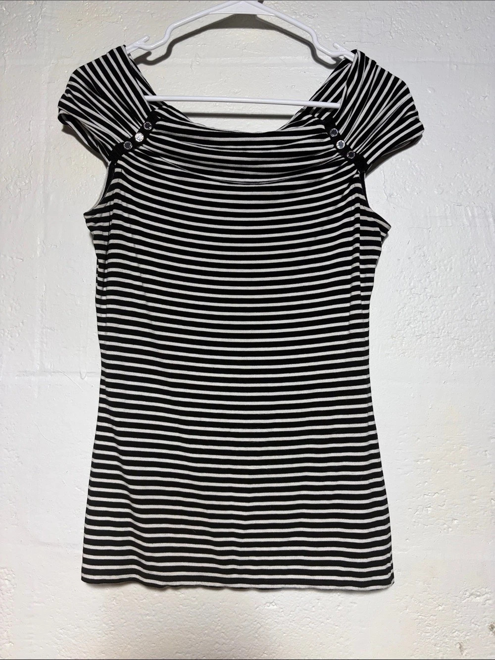 White House Black Market Black and White Striped Button Shoulder Top Size Small